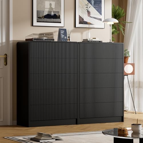 Furniway Black 5 Drawer Dresser for Bedroom, Curved Tall Dresser with Push-to...