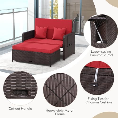 LDAILY Moccha Outdoor Daybed, Wicker Loveseat Sofa Set with 4-Postion Adjusta...