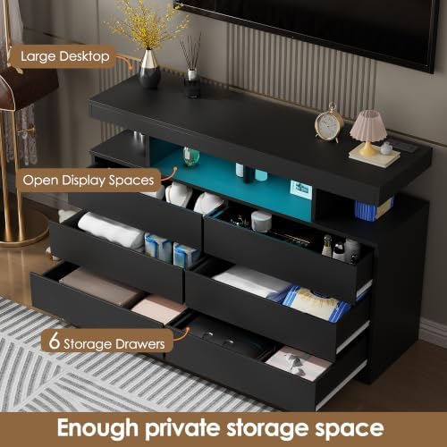 BEWISHOME Black Dresser for Bedroom with Charging Station and LED Lights