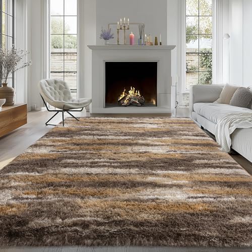 5x7 Abstract Brown Fluffy Rug for Bedroom Living Room Washable Non-Slip