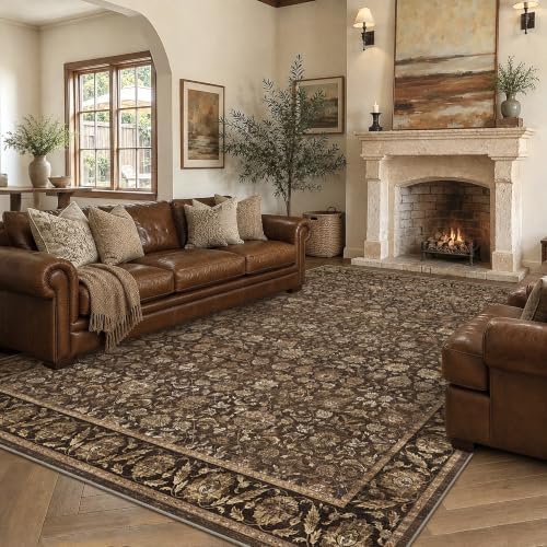 Washable 8x10 Living Room Non-Slip Area Rug Retro Brown Large Carpet