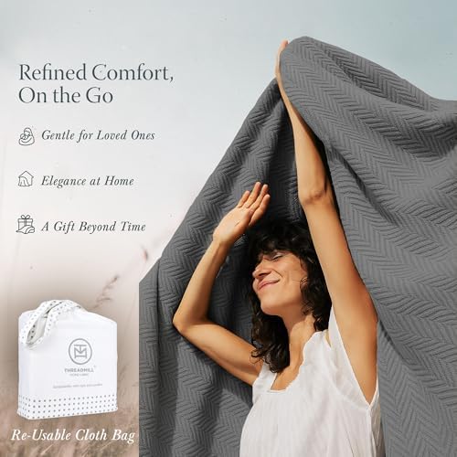 Threadmill Luxury 100% Cotton Queen Herringbone Blanket, Dark Grey