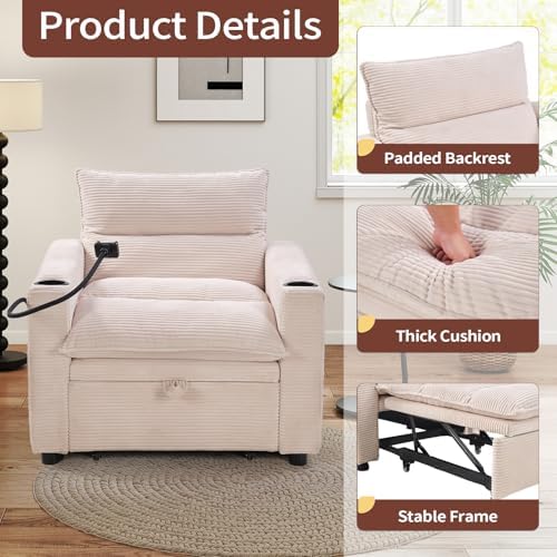 HAOMARKETS Corduroy Sleeper Sofa Bed with Cup Holders, 3-in-1 Convertible Pul...