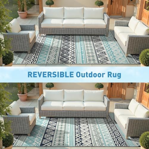 MontVoo Outdoor Rug Carpet 8x10 Waterproof-Patio Rug Mat Reversible RV Campin...