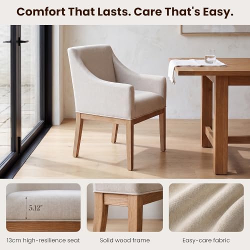 COLAMY Modern Upholstered Fabric Dining Armchair, Set of 1, Beige - Solid Rub...