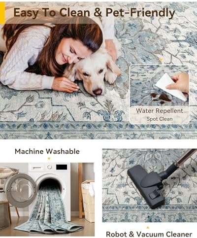 RELEANY Washable Area Rug, 5'x7', Blue/White/Gray