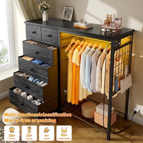 EnHomee 49.2" W Dresser with Hanging Rack & 6 Drawers, Grid Panel &a...