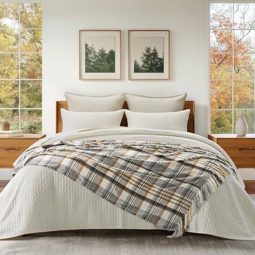 EverGrace Plaid Chenille Knit Throw Blanket, 50"x60", Grey & Beige