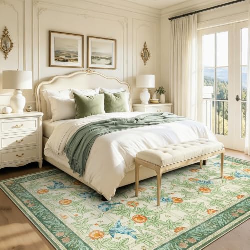 5x7 Area Rug for Living Room, Green Floral Boho Washable Rugs for Bedroom