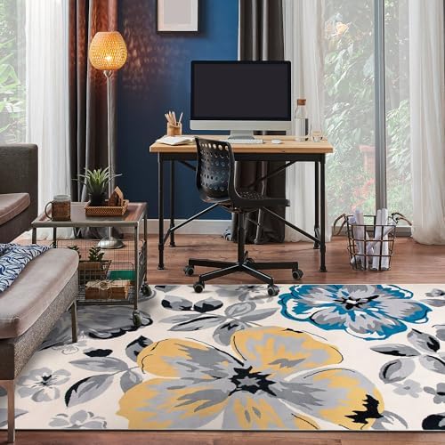 Rugshop Modern Floral Living Room Bedroom Area Rug Cream 5' x 7'