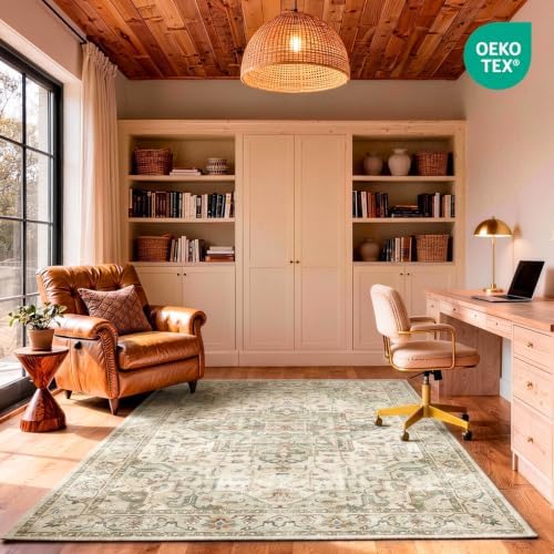 ALAISE Area Rug 8x10 Ivory/Sage – Washable Vintage Boho, Ultra-Soft