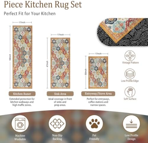 3-Piece Colorful Boho Rug Set - Washable Moroccan Ogee Area Rugs, Non-Slip Lo...