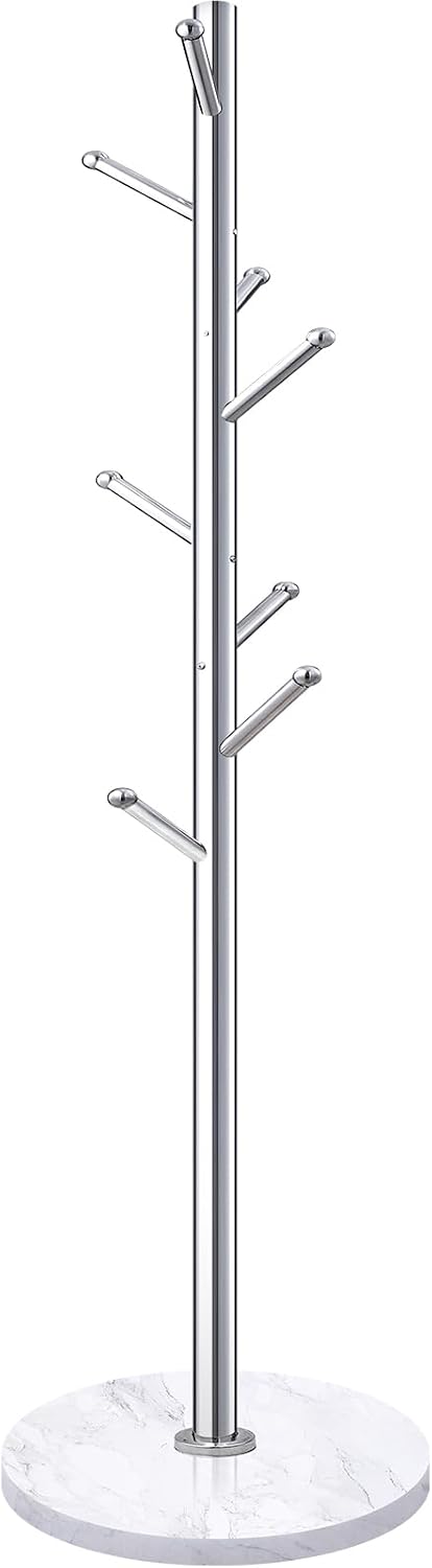 Homde Metal Coat Rack Stand: Natural Marble Base with 8 Hooks (Silver) | Stainless Steel Freestanding Clothes Tree Hanger for Coat Jackets Hat Scarves Handbags - Hall Hanger for Entryway Bedroom