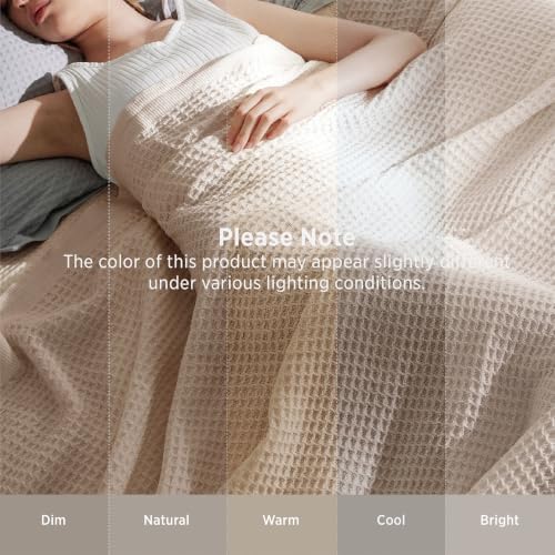 Bedsure 100% Cotton Blanket, Waffle Weave, Queen Size, Beige, 90"x90"