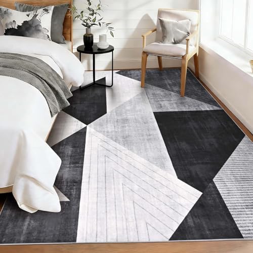 Yinhua Modern Geometric Area Rugs 5x7 Grey Black Rugs for Living Room Washabl...