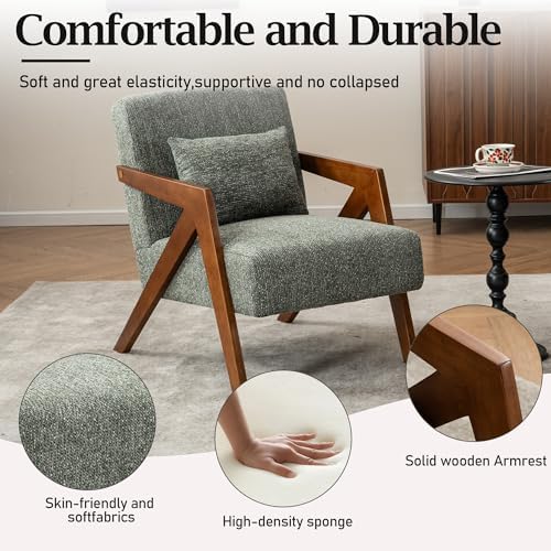 Mid-Century Modern Accent Chair with Solid Wood Frame，Upholstered Chenille Li...