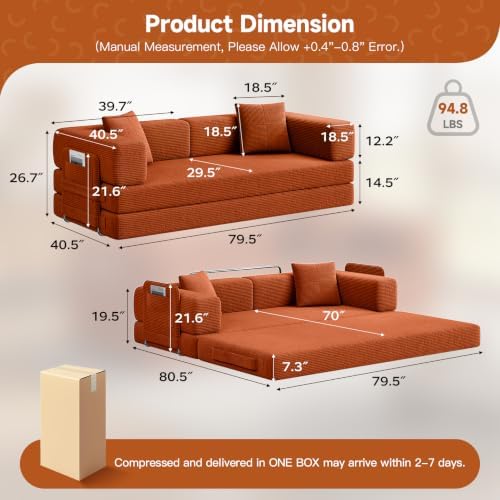 79.5" 5-in-1 Convertible Futon Sofa Bed, Boneless Corduroy, Orange