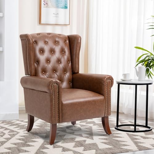 Faux Leather Accent Chair, Mid-Century Armchair Upholstered Club Sofa Chair w...