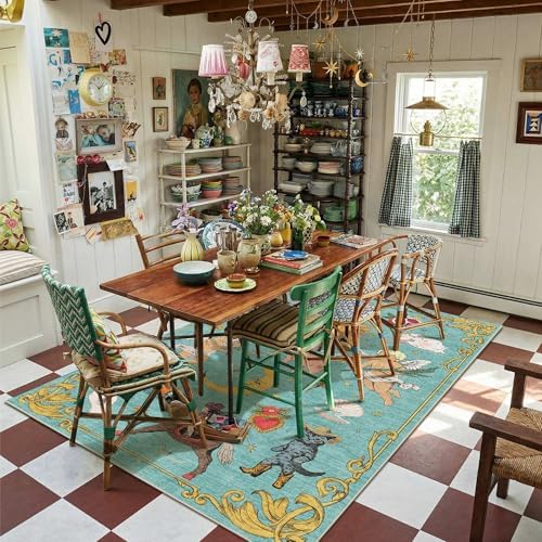 Kokia 4x6 Celestial Sun Moon Unique Fresh Turquoise Soft Washable Area Rug