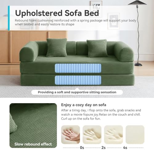 79" Convertible Futon Sofa Bed, Boneless Couch for Living Room (Green)