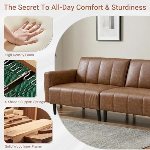 83" Mid Century Modern Faux Leather Sofa, Brown Leather Futon Sofa
