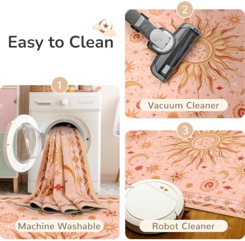 Vacuum-Friendly, 5x7 Washable Area Rug, Pink Gold Beige Red