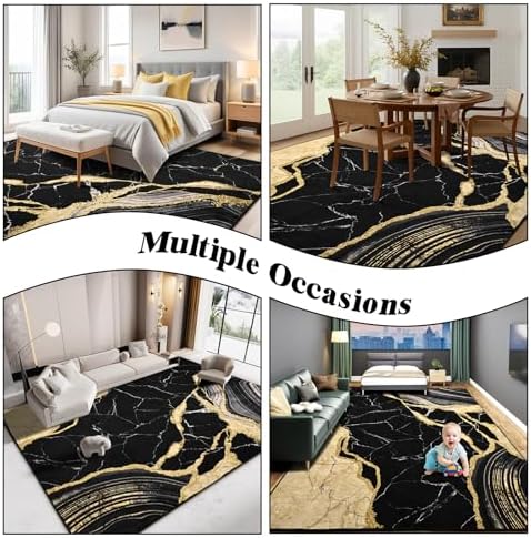 ASPMIZ Black and Gold Marble Area Rug 9x12, Washable Rugs for Living Room
