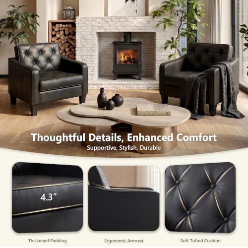 Black Accent Chairs Set 2, Faux Leather Armchair, Mid Century Modern Lobby