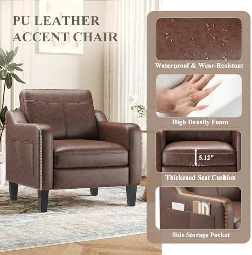 MALOL PU Leather Accent Chair, Mid-Century Modern Living Room Armchair Sofa w...