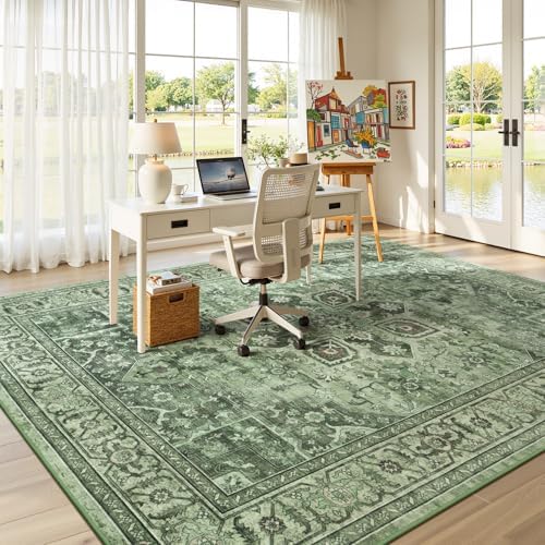 Sage Green 9x12 Area Rug for Living Room, Vintage Boho Large Carpet