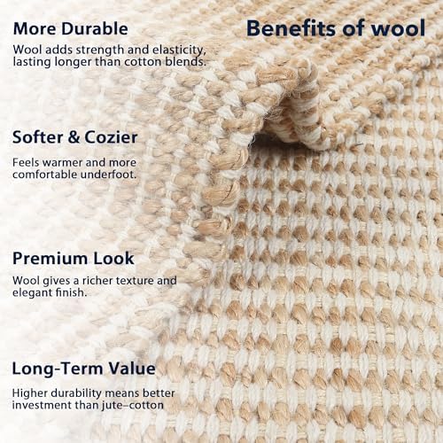 8x10 feet Natural Jute & Wool Area Rug,– Handwoven Mini Check Natural Fib...