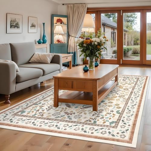 GarveeHome Floral Area Rugs 5x7 for Living Room Machine Washable Beige