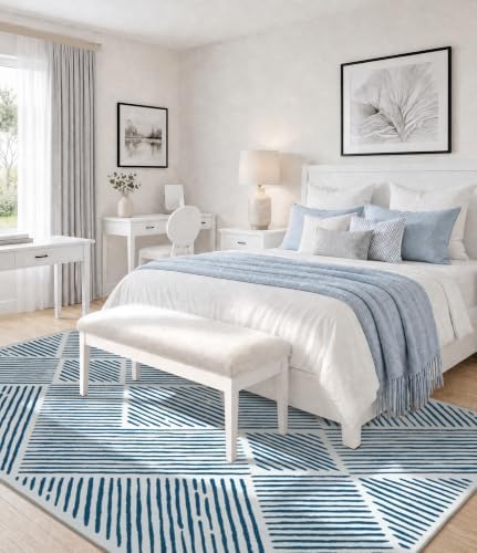YIHOUSE 8‘x10' Washable Blue and White Rug, Modern Area Rug for Living Room