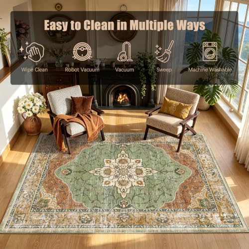 YARNSCAPE 5' x 7' Machine Washable Area Rug, Non-Slip Low-Pile Carpet
