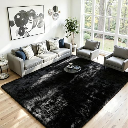 8x10 Fluffy Area Rug for Living Room: Soft Non-Slip Black Bedroom Carpet