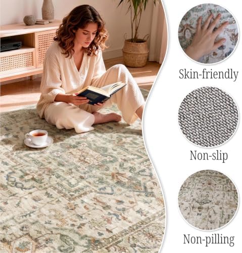 ALAISE Area Rug 8x10 Ivory/Sage – Washable Vintage Boho, Ultra-Soft