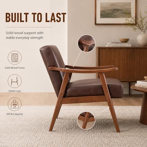 Anwick Mid-Century Modern Accent Chair,PU Leather Living Room Chair with Soli...