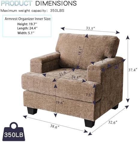 Rexulqo Oversized Accent Chair with Armrest Organizer,Chenille,Brown