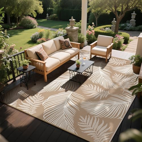Pauwer Waterproof Outdoor Rug 8x10, Plastic Straw Patio Rug, Leaf Brown