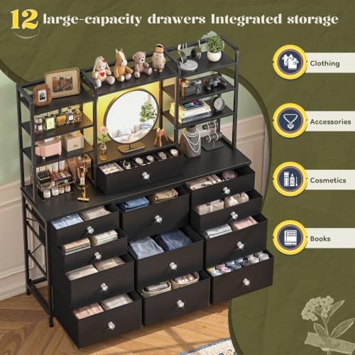 Romorgniz Black Dresser for Bedroom with RGB LED Lights, Vanity Organizer
