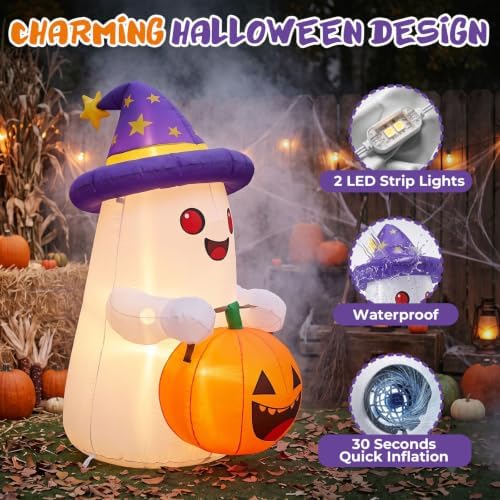 5 FT Halloween Inflatables Decor, Cute Inflatable Ghost with Pumpkin, Built-i...