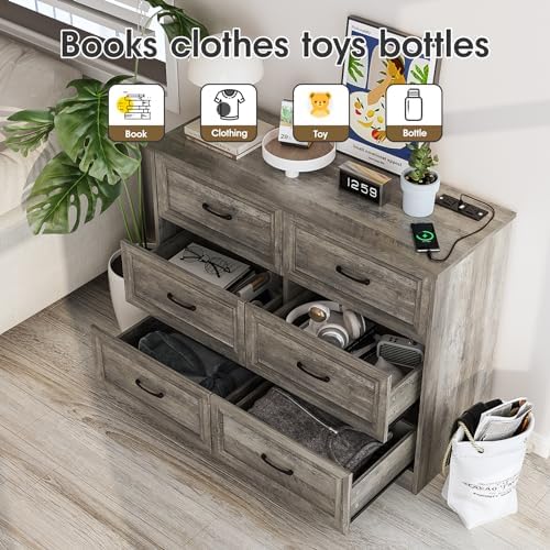 Fameill Dresser for Bedroom, 6 Drawer Wide Dresser Organizer with Charging St...