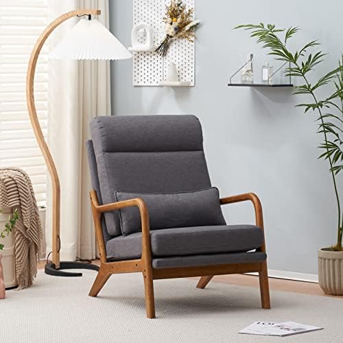 Bonnlo High Back Linen Dark Grey Mid Century Modern Accent Chair, Soild Wood ...