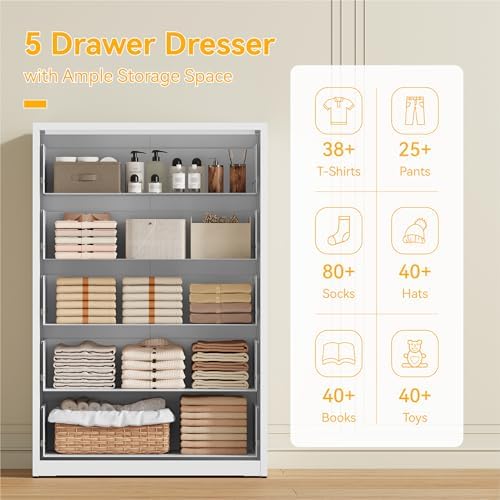 YAUWOH 5 Drawer Metal Dresser, Heavy Duty Steel Storage Dresser with Smooth G...