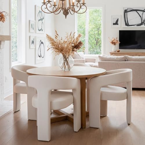 HNY Modern Linen Barrel Dining Chairs Set of 2, Ivory