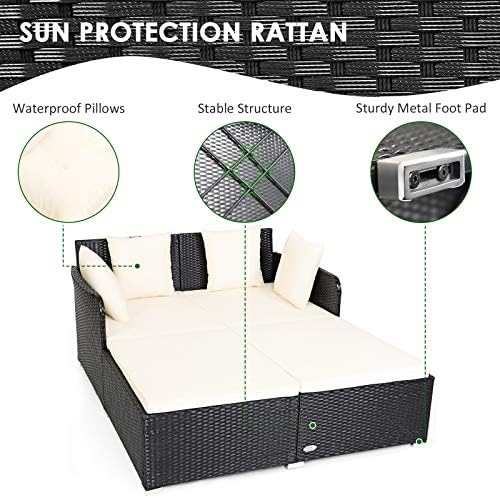 COSTWAY Outdoor Patio Rattan Daybed, Sponge Cushioned Loveseat Sofa