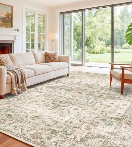 ALAISE Area Rug 8x10 Ivory/Sage – Washable Vintage Boho, Ultra-Soft