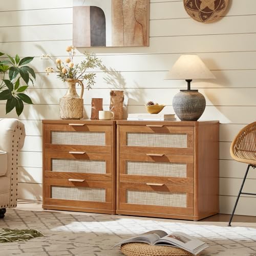 LEYAOYAO Rattan Dresser and Nightstand Sets 3 Piece, Teac Brown