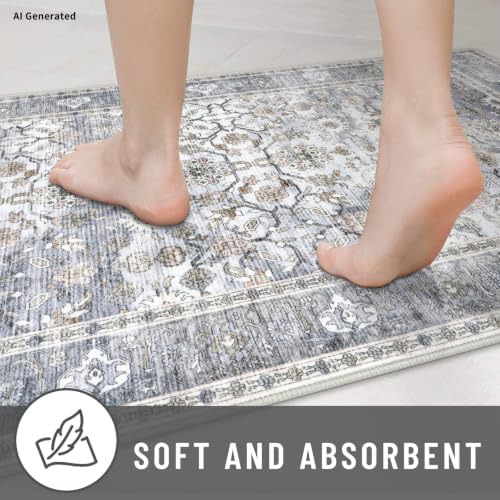 KUTA Vintage Floral Kitchen Rugs Sets of 2PCS 2x3 and 2x6 Grey Blue