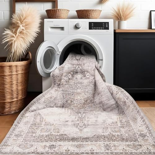 12x12 Square Area Rug: 12ft Square Washable Living Room Rugs Ultra Thin Soft Oriental Non-Slip Backing Farmhouse Rug Low Pile Thin Stain Resistant Indoor Carpets, 12' x 12' Beige